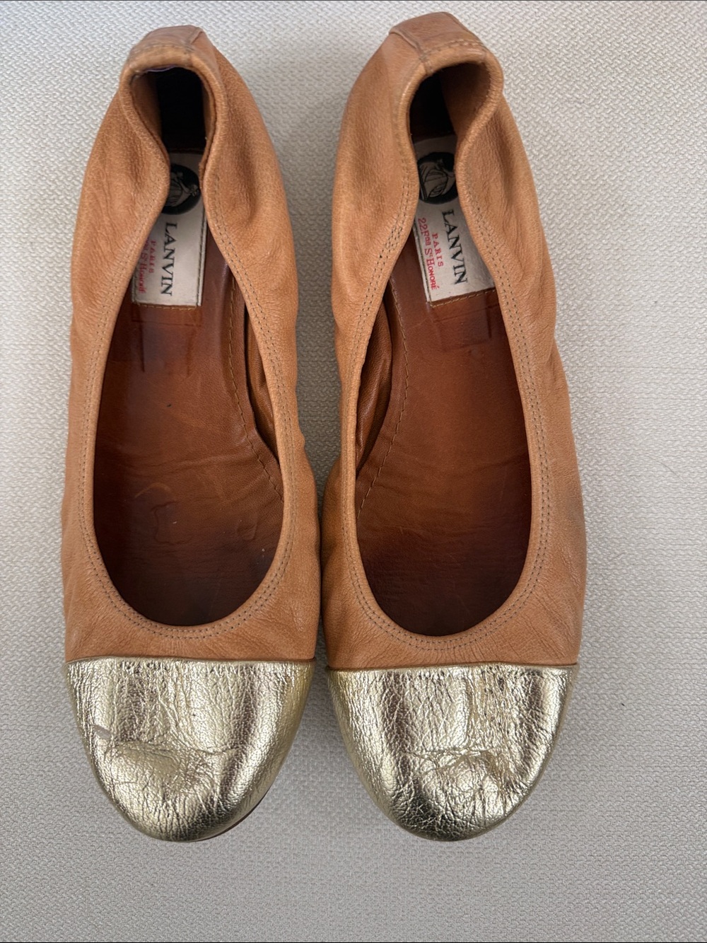 Lanvin Tan Leather Ballet Flats with Gold Cap Toe